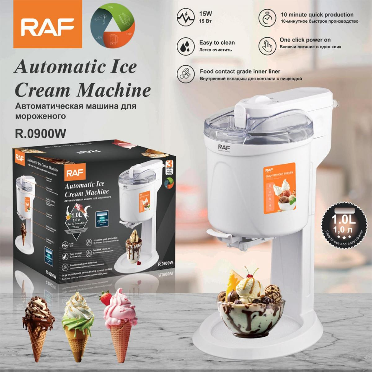 Weiße Eismaschine von RAF mit Eiscreme-Schüssel und drei Eistüten daneben.