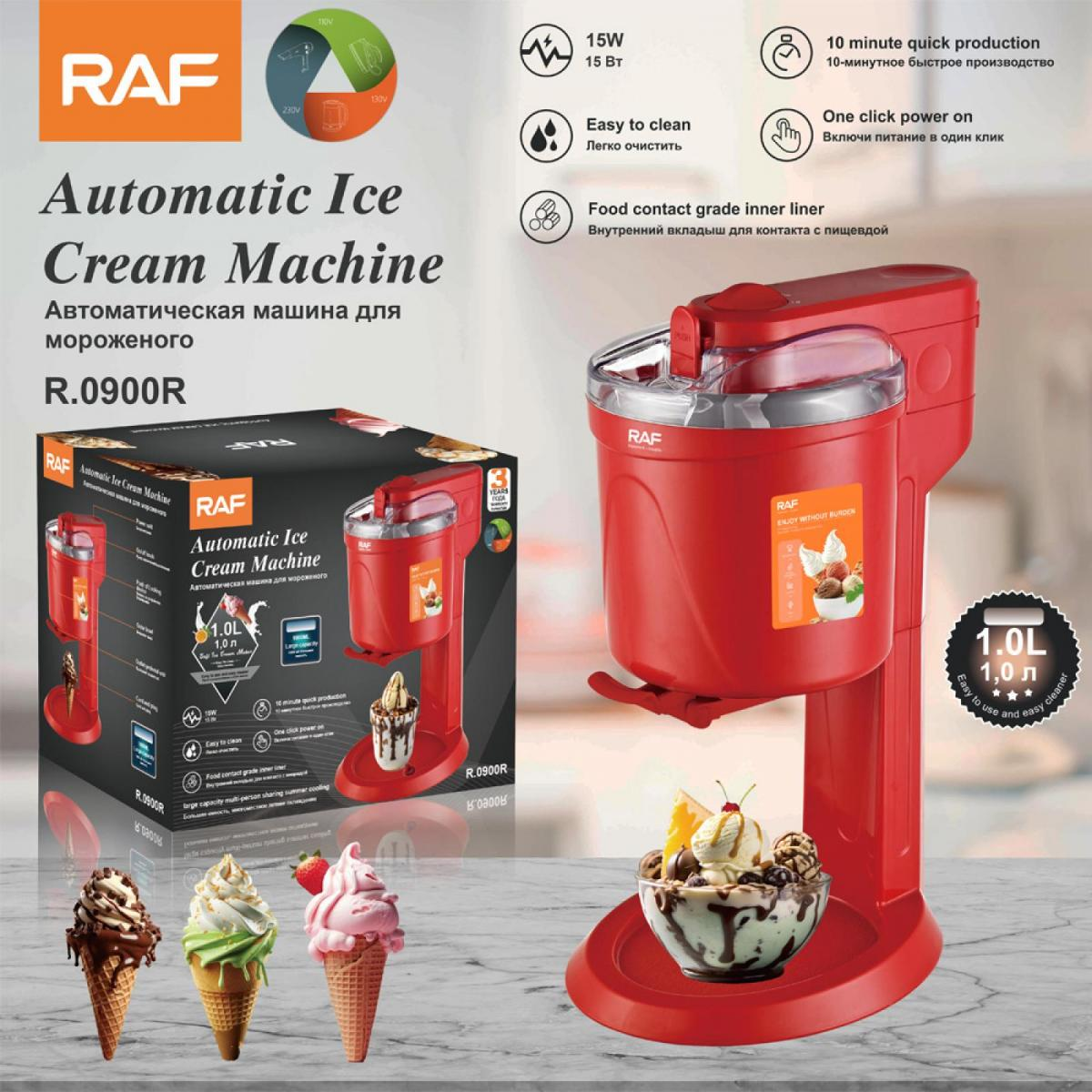 Rote Eismaschine mit Schüssel Eis und Waffeln daneben.