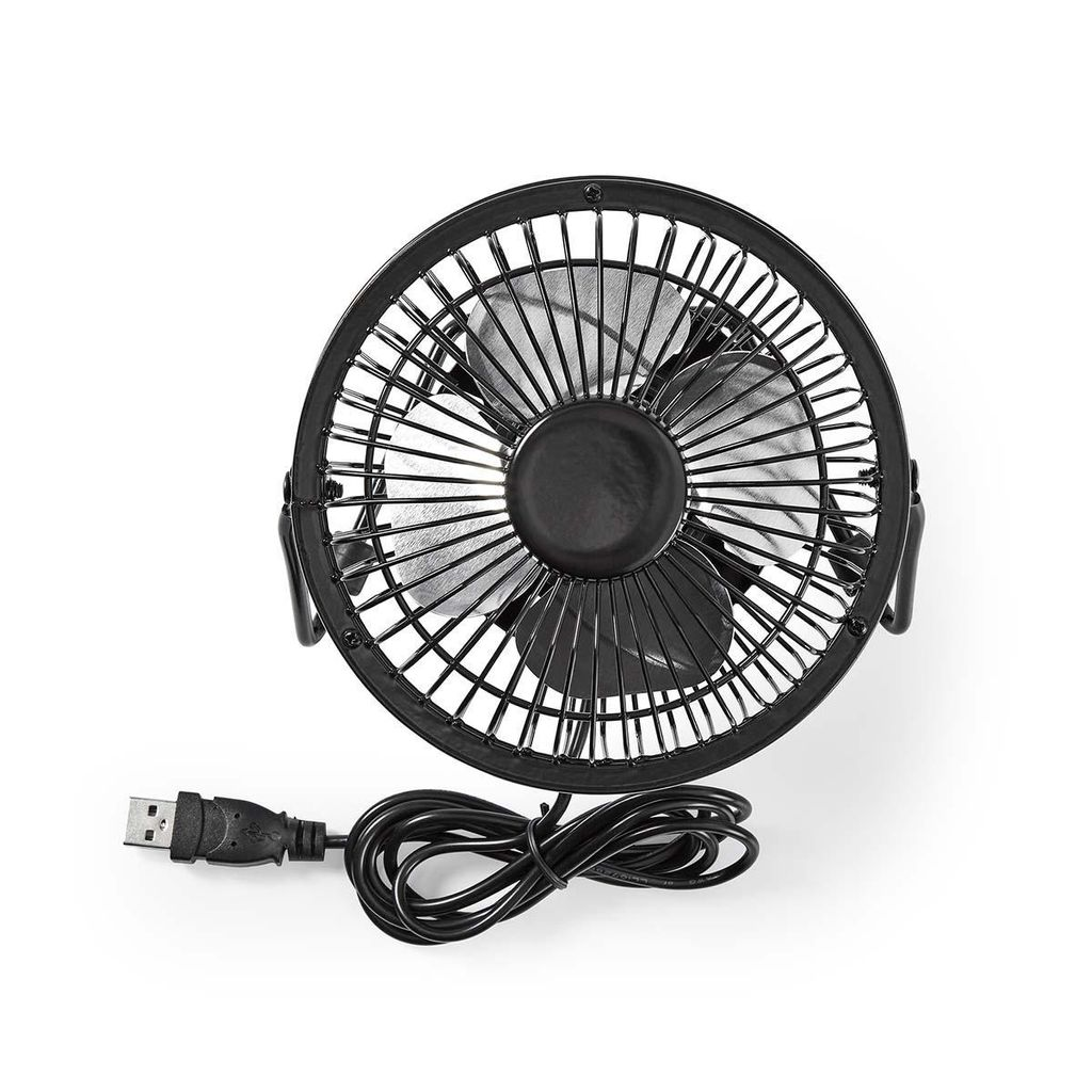 Ein schwarzer USB-Schreibtischventilator mit Spiralkabel und USB-Anschluss auf weißem Hintergrund.