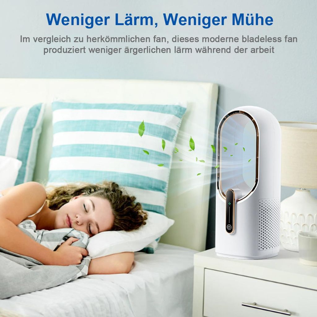 Eine Frau schläft im Bett, während ein bladeless Fan auf dem Nachttisch läuft.