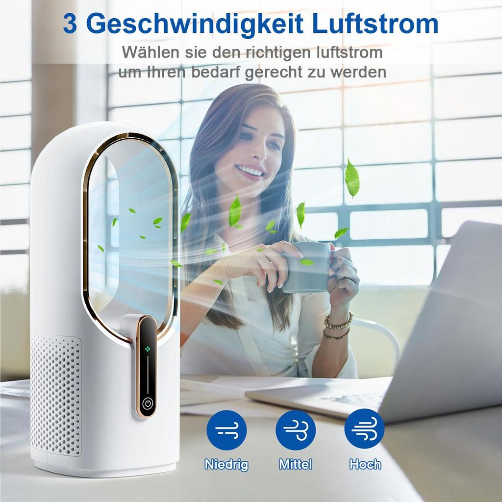Ein weißer Luftreiniger mit Lüfterblättern, eine Frau hält eine Tasse, drei Geschwindigkeitsstufen.