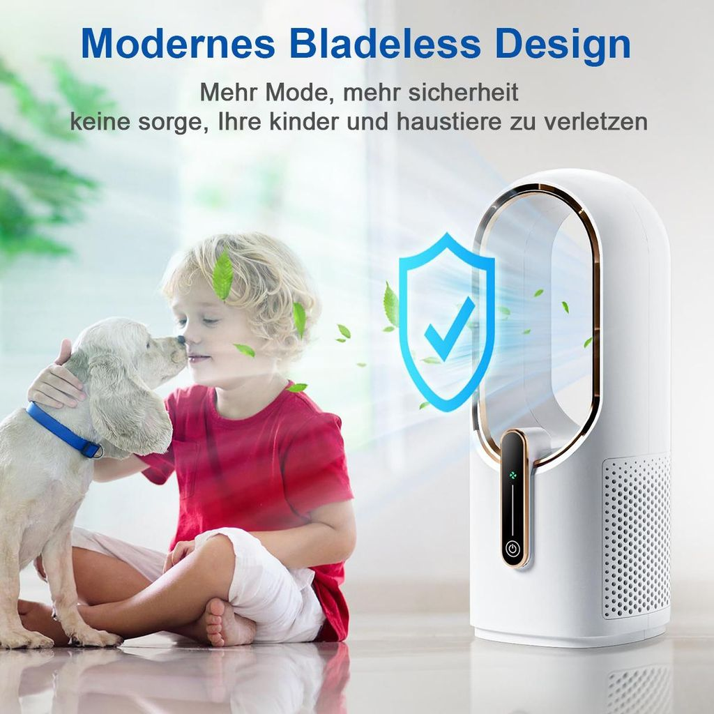 Ein Kind und ein Hund küssen sich, ein Ventilator im Hintergrund mit einem Schutzschild-Symbol.