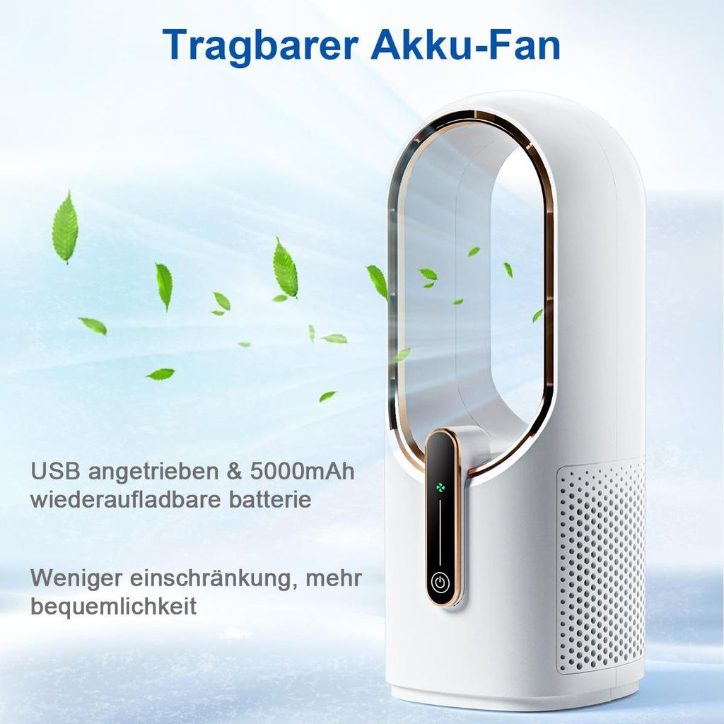 Ein weißer tragbarer Akku-Ventilator mit goldenen Akzenten und Blättern, die von ihm wegwehen.
