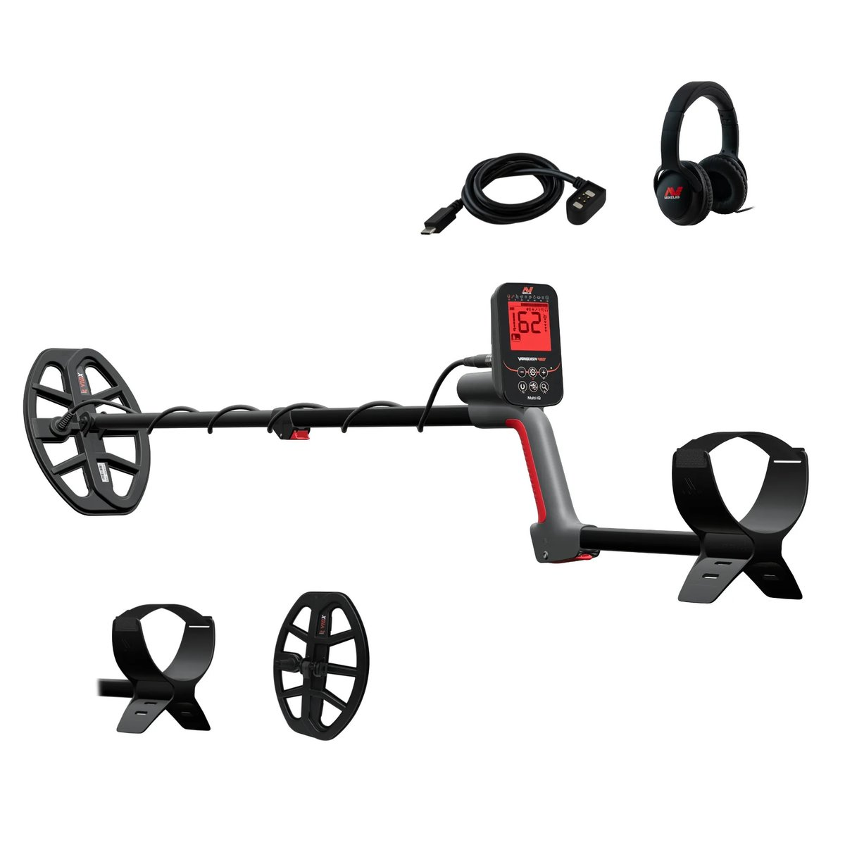 Metalldetektor mit Spule, Steuerkasten, Kopfhörern, USB-Kabel und zwei Spulen.