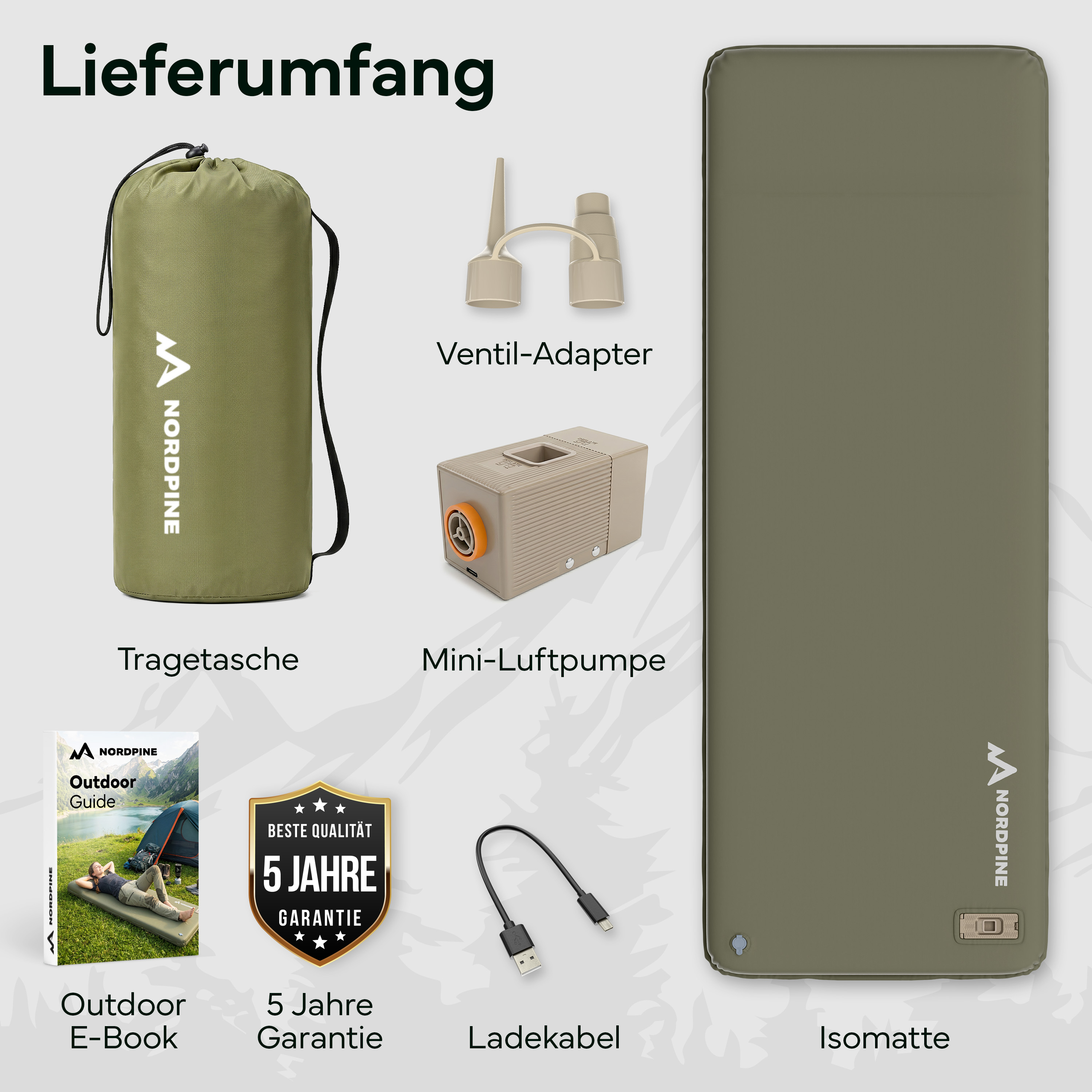 Lieferumfang: Isomatte, Tragetasche, Mini-Luftpumpe, Ladekabel, Ventil-Adapter, E-Book, Garantie.