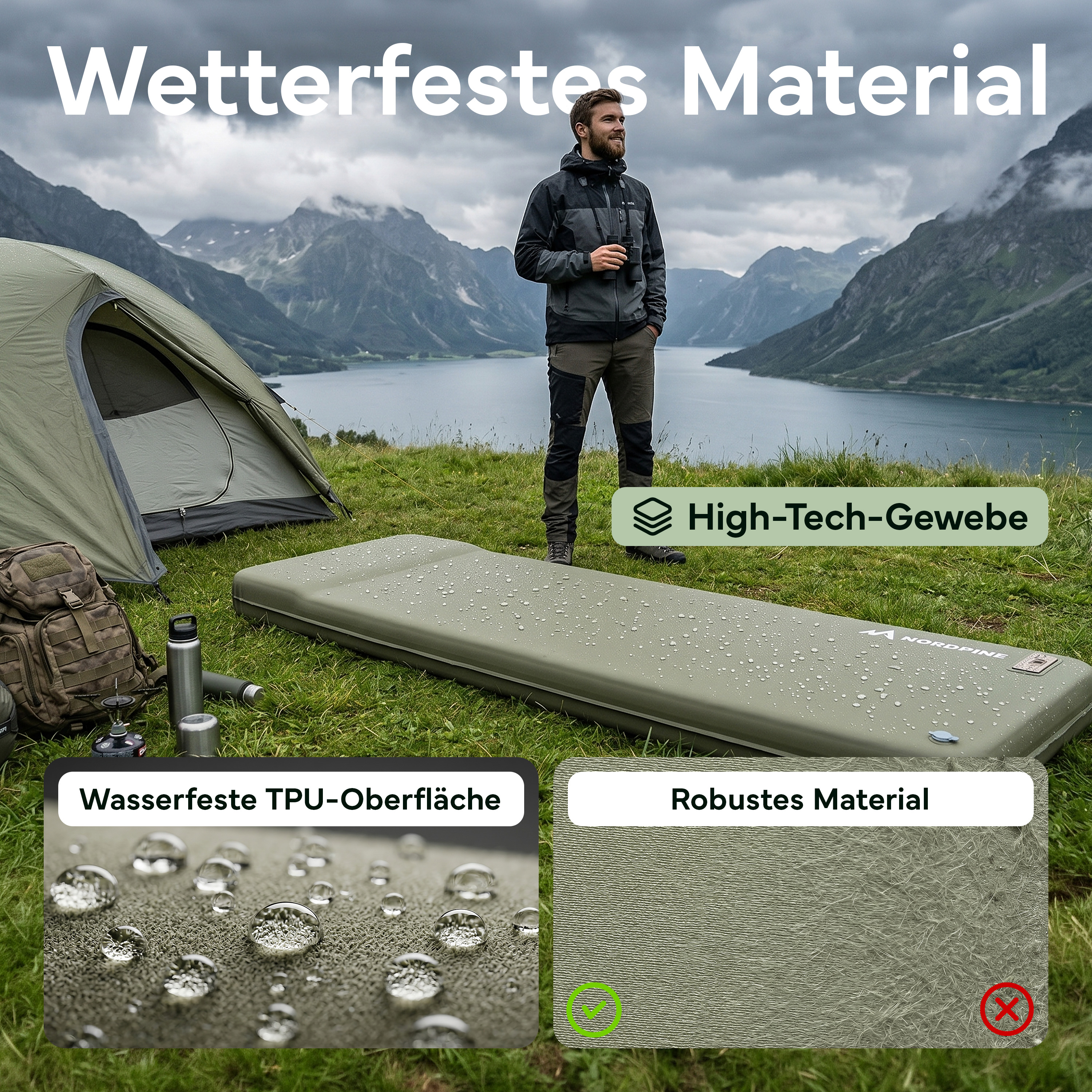 Mann in Berglandschaft mit Zelt und Isomatte. Nahaufnahmen zeigen Wasserdichtigkeit.