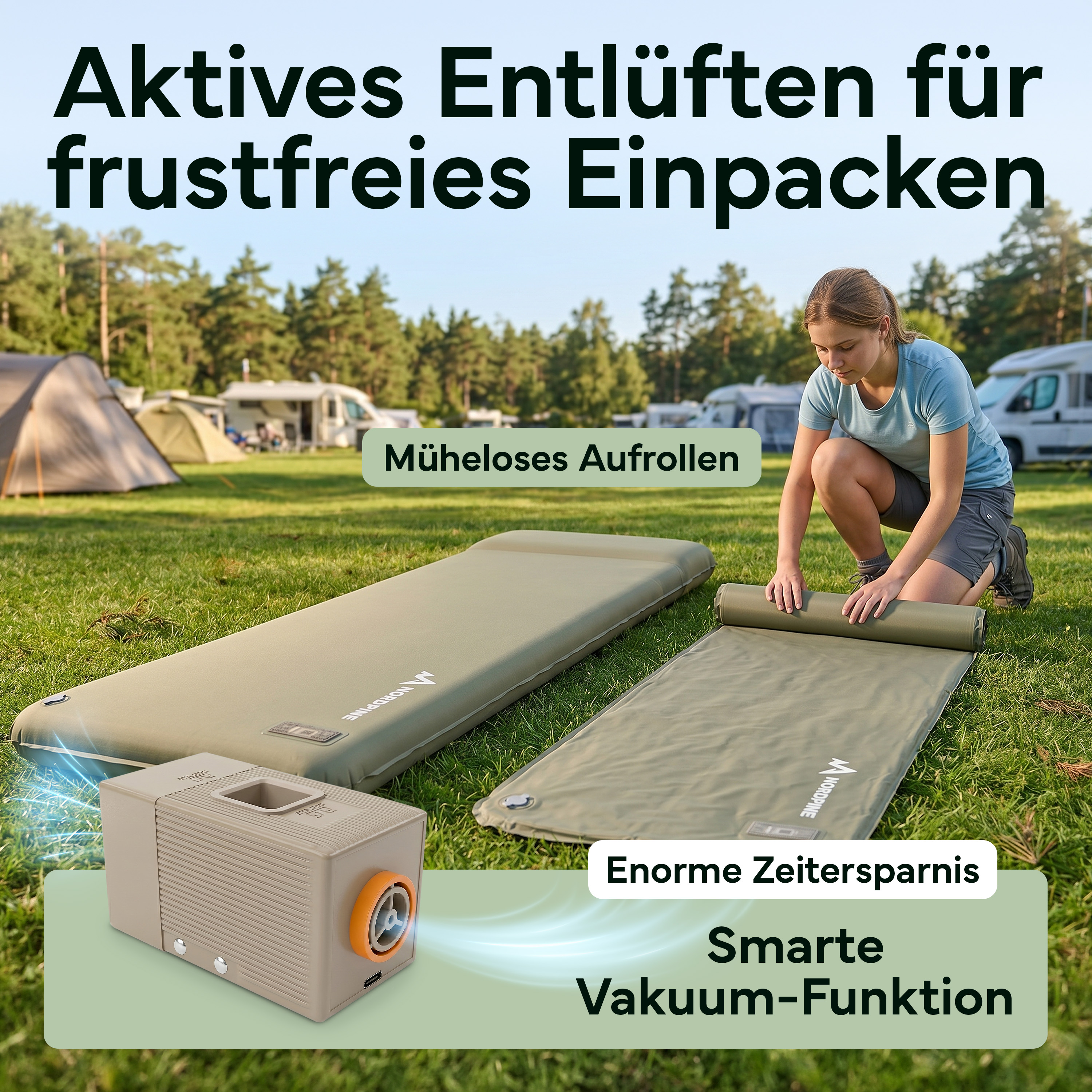 Eine Frau rollt eine Isomatte auf einem Campingplatz auf. Ein Vakuumiergerät liegt daneben.