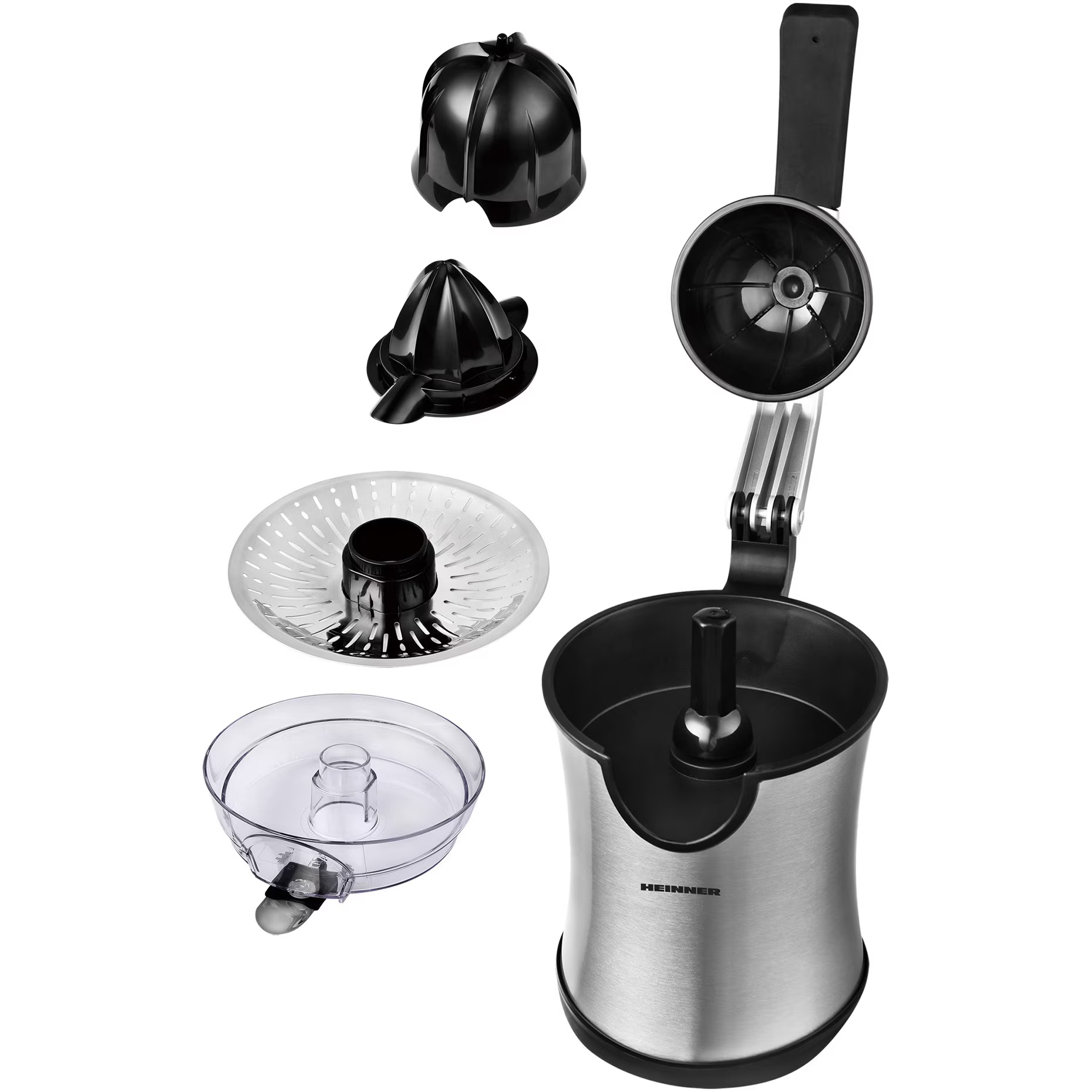 Un presse-agrumes avec base en acier inoxydable et divers accessoires noirs.