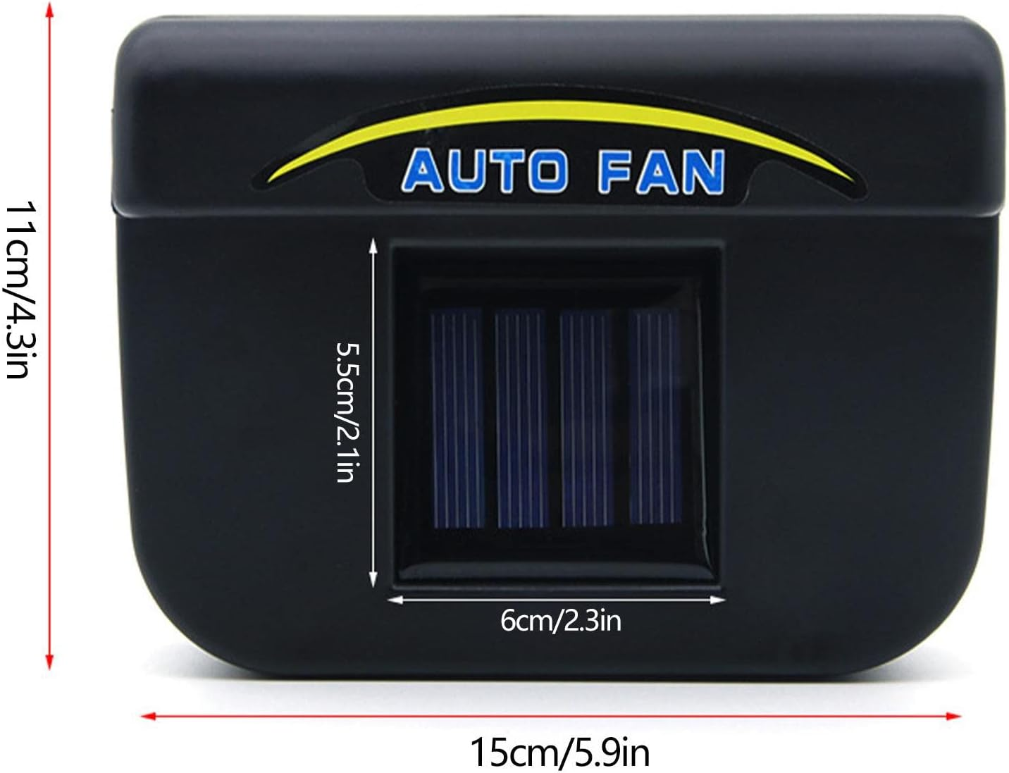 Schwarzer Auto-Lüfter mit Solarpanel und Maßen.