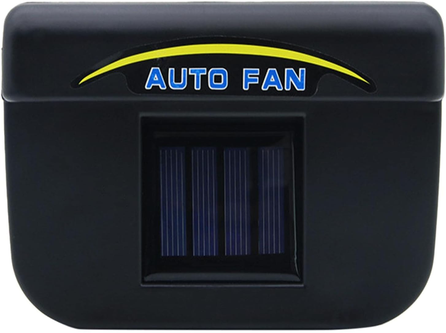 Ein schwarzes Solarpanel-Gerät mit der Aufschrift 'AUTO FAN' und einem gelben Bogen.