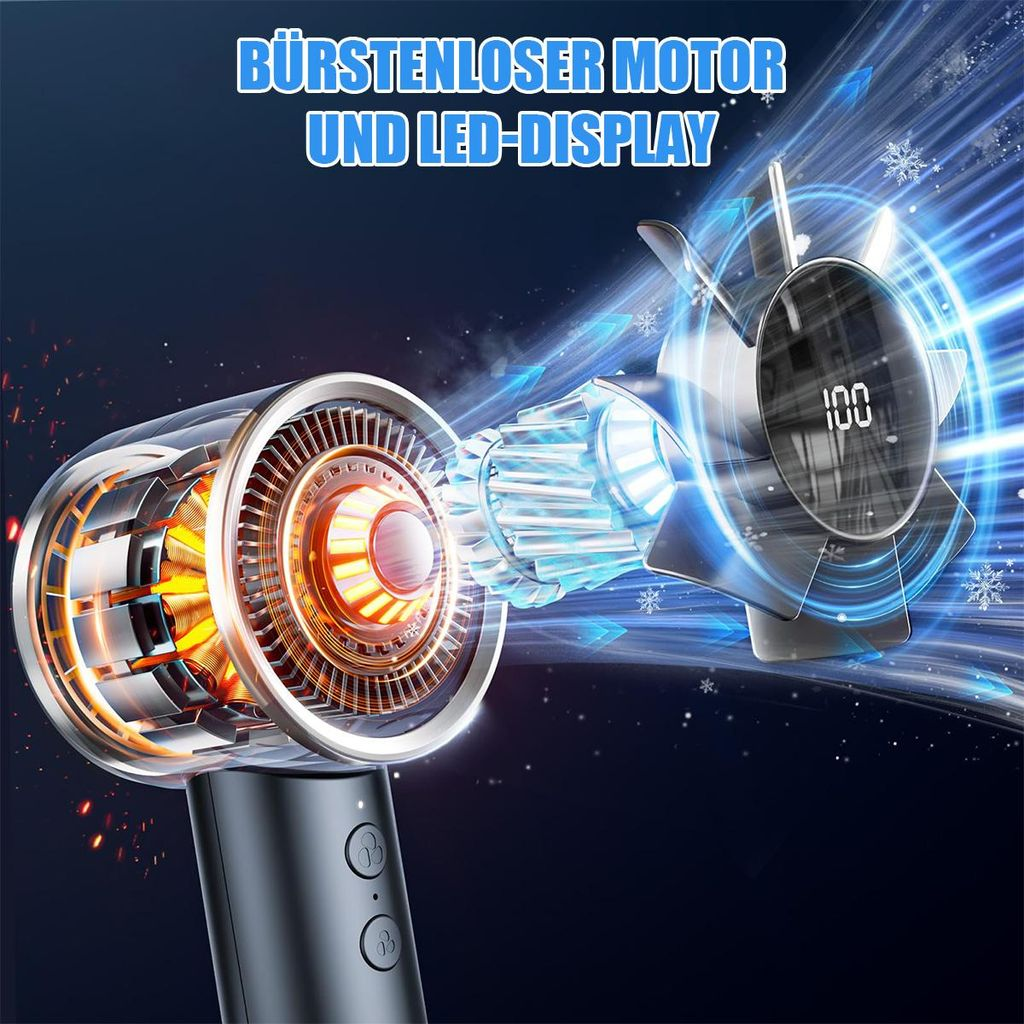 Ein Haartrockner mit sichtbarem Motor, Lüfter und LED-Anzeige, der Luft ausstößt.