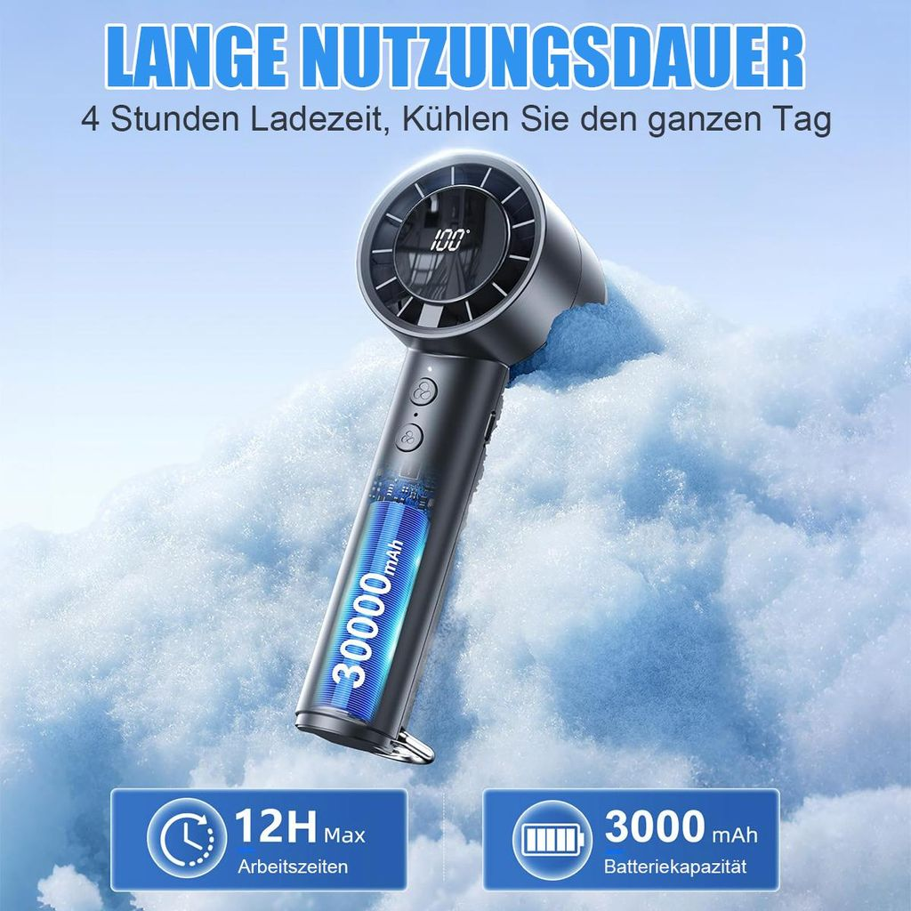 Ein dunkler, tragbarer Ventilator mit digitaler Anzeige, auf Schnee.