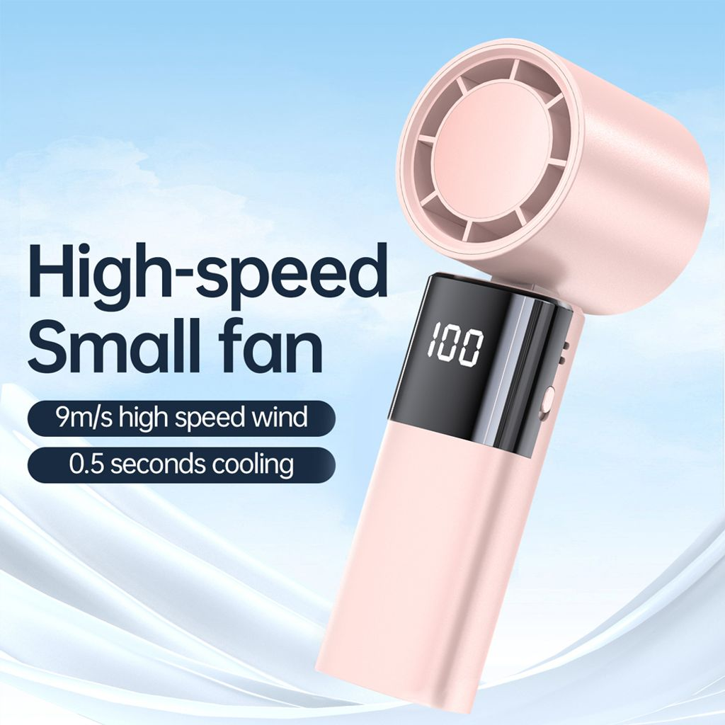 Ein rosafarbener Mini-Ventilator mit digitaler Anzeige, die 100 anzeigt.