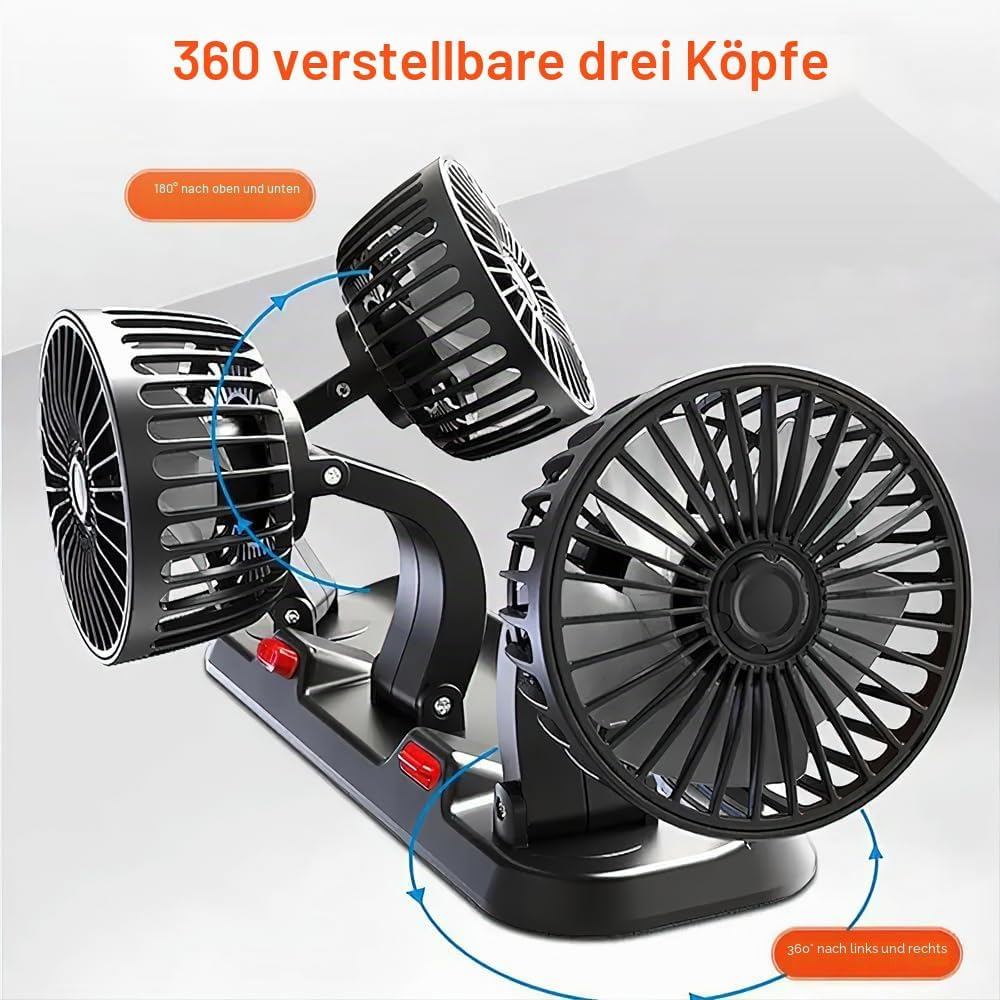 Ein schwarzer, dreiköpfiger Ventilator mit verstellbaren Köpfen auf einer Basis.