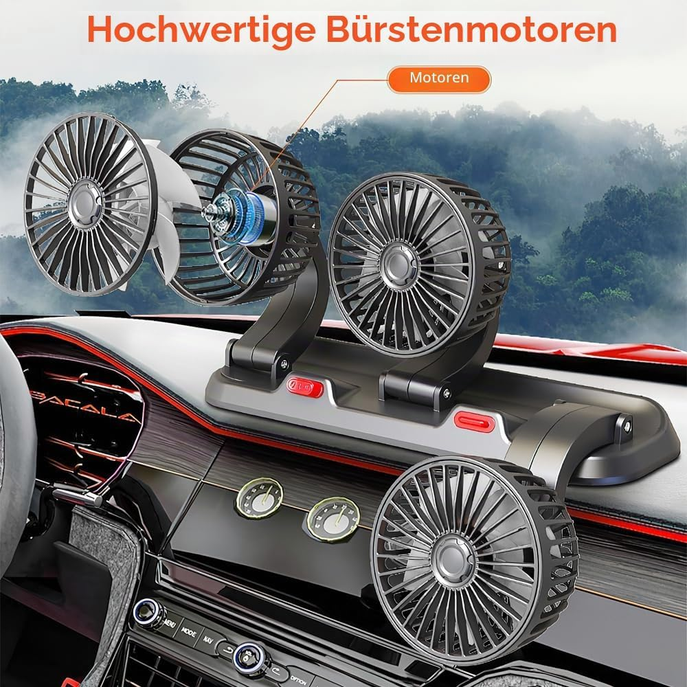 Doppelventilator auf Armaturenbrett, Berglandschaft im Hintergrund. Nahaufnahme der Lüfter und Armaturenbrettdetails.