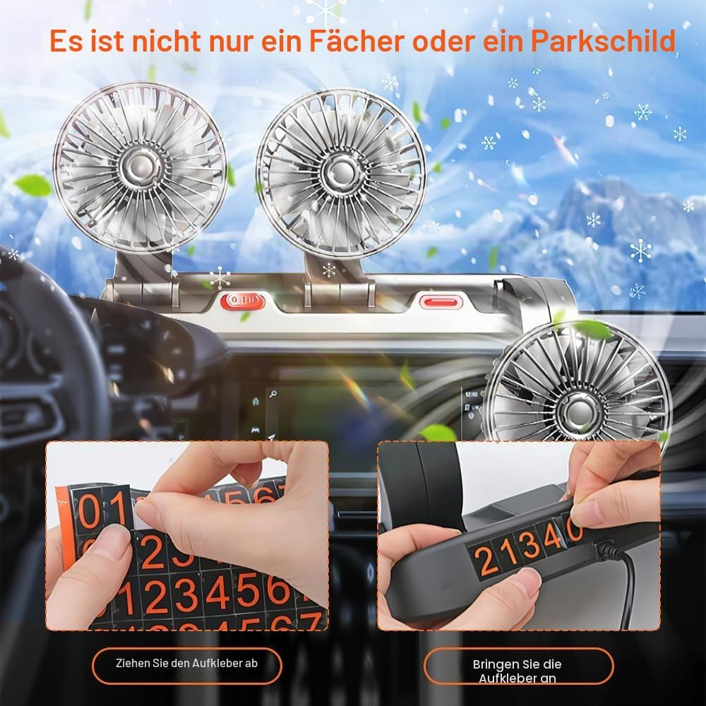 Armaturenbrett im Auto mit Doppelventilator und Nahaufnahmen von Nummernetiketten.