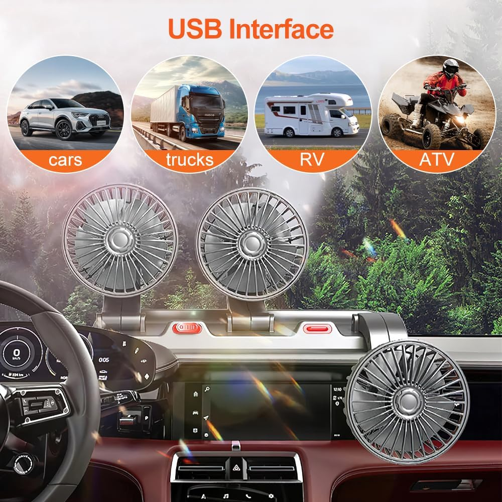 Ein Auto-Innenraum mit drei Lüftern und vier Kreisbildern von Autos, LKWs, Wohnmobilen und ATVs.