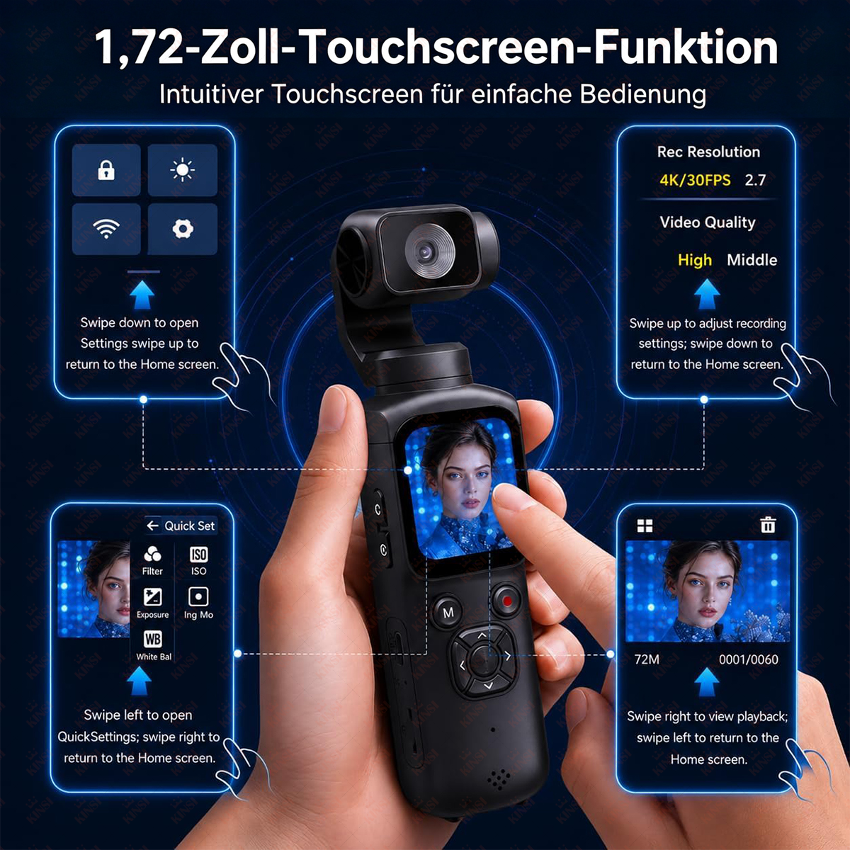 Ein Gimbal mit Touchscreen zeigt eine Frau. Funktionen werden erklärt.