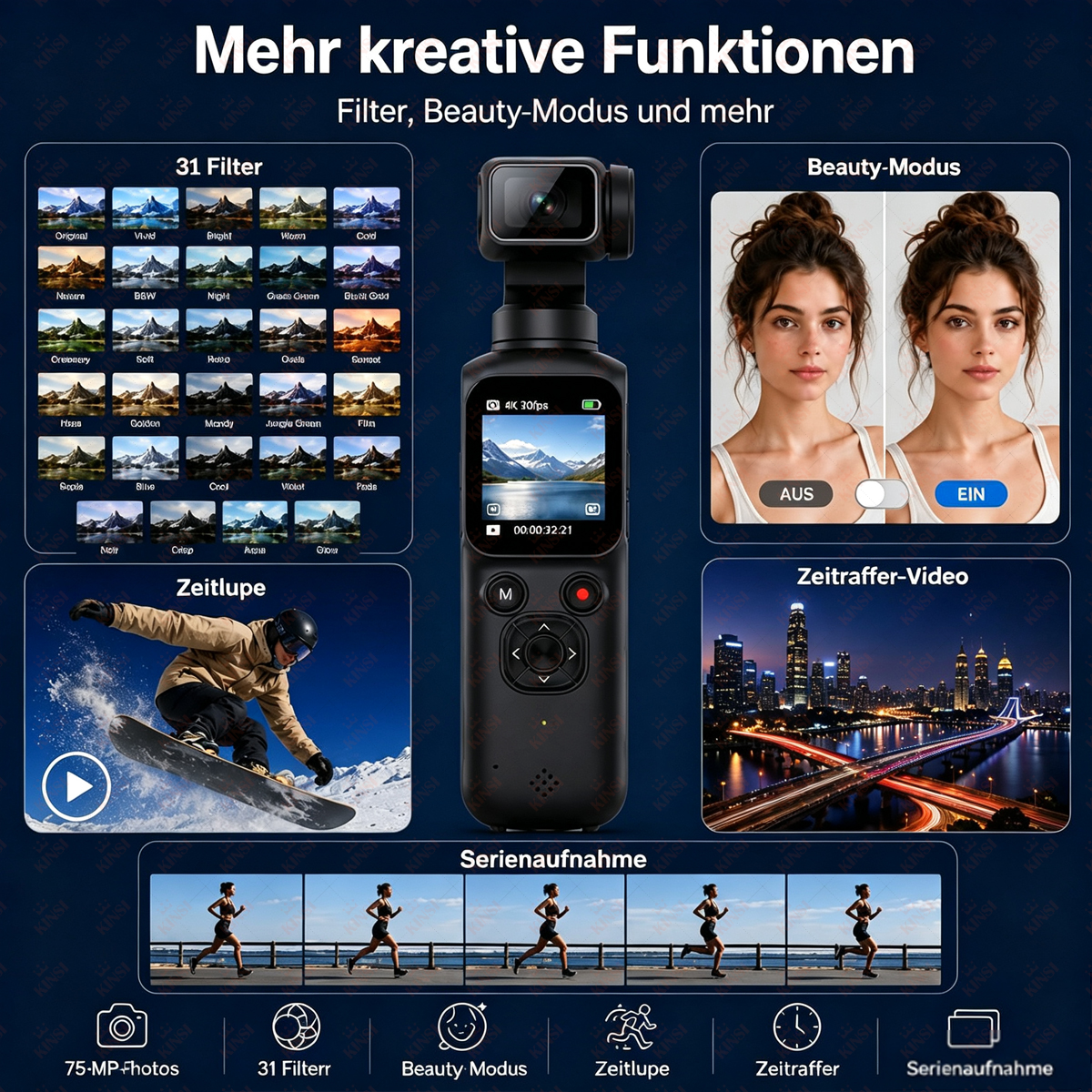 Kamera mit Filtern, Beauty-Modus, Zeitlupe und Zeitraffer-Video-Ansichten.
