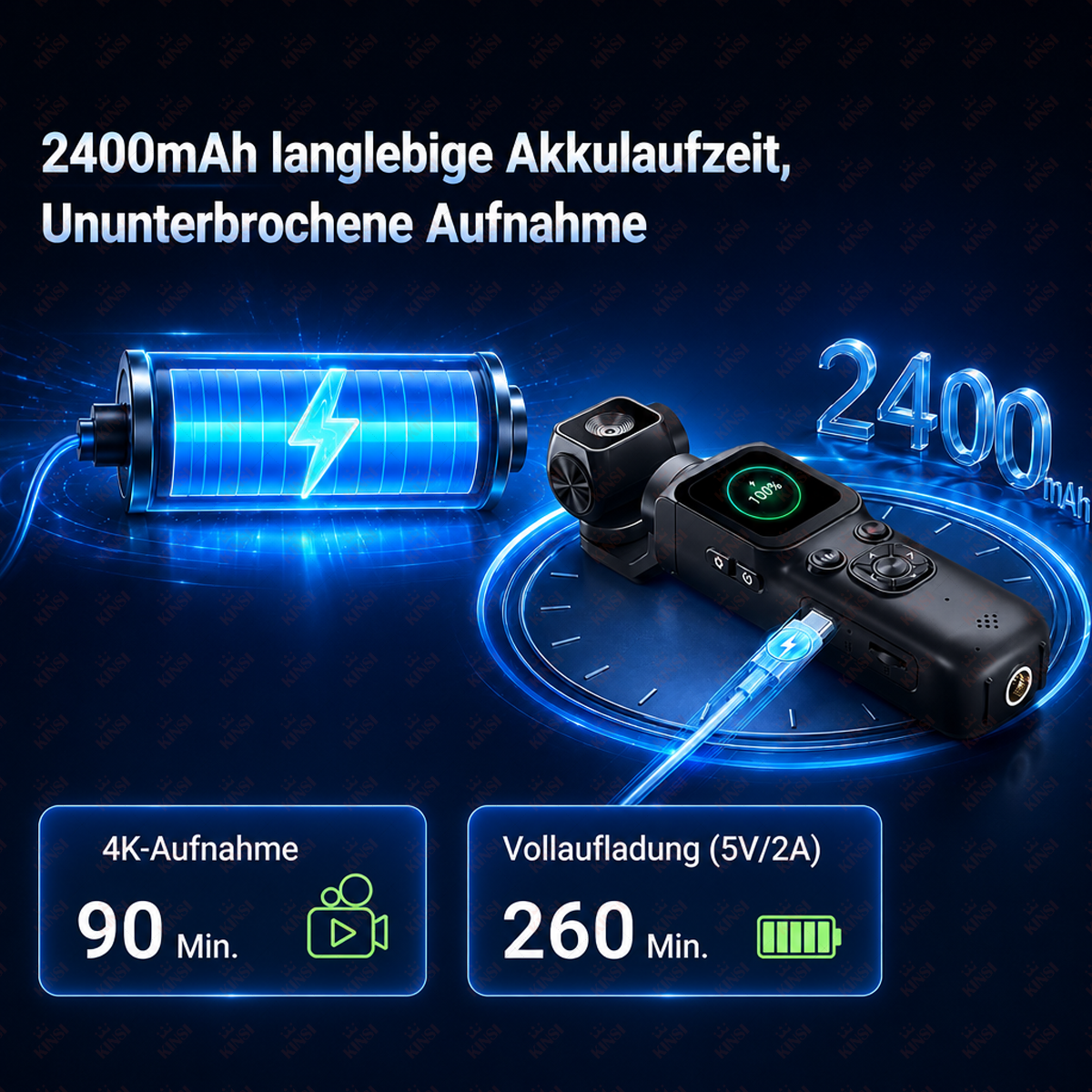 Gimbal mit voller Batterie, Ladeanzeige 100%. 2400mAh.