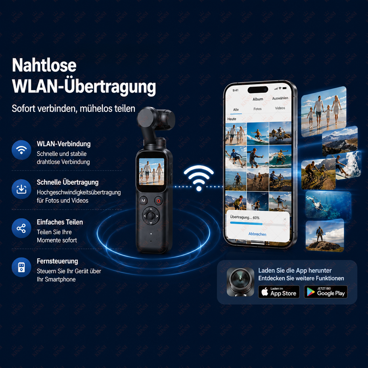 Gimbal mit Smartphone, das Fotos zeigt. WLAN-Übertragung & mehr.