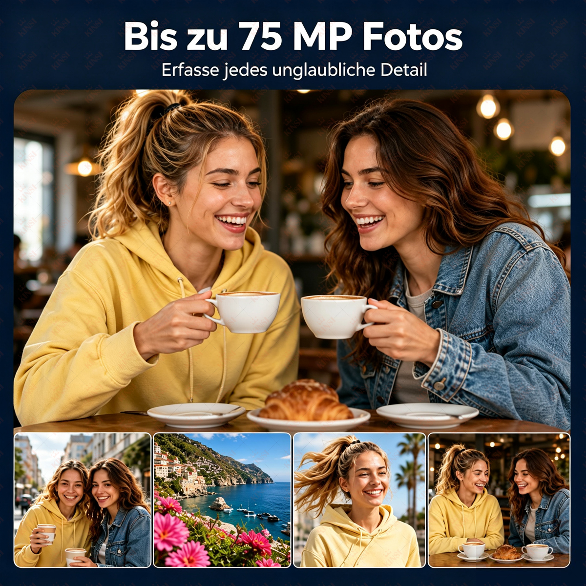 Zwei Frauen trinken Kaffee, darunter vier kleinere Bilder mit Szenen.