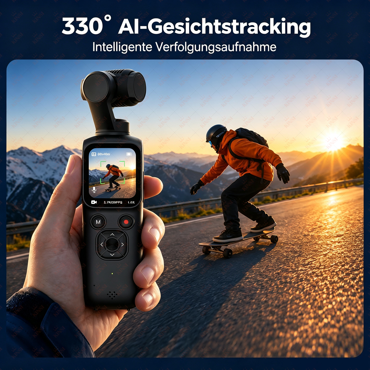 Hand hält Gimbal, das einen Skateboarder filmt. Berge & Sonne im Hintergrund.