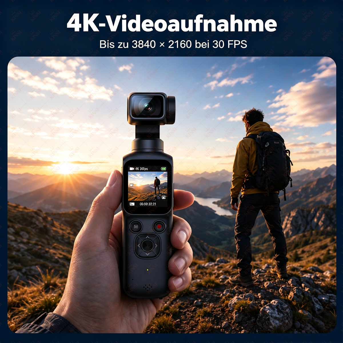 Hand hält Kamera, Mann in Gelb blickt auf Bergsee. 4K Aufnahme.