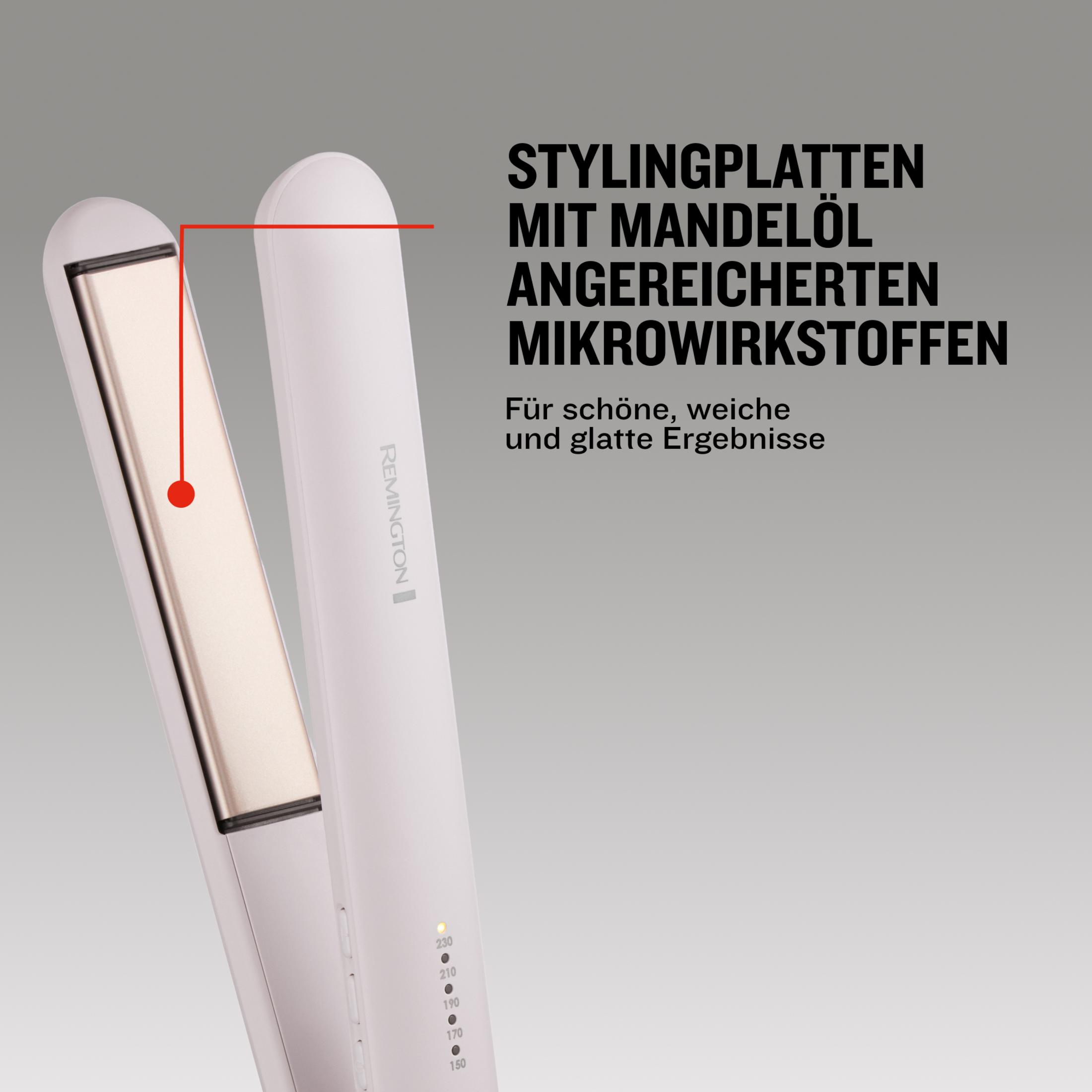 Piastra per capelli Remington bianca con piastre dorate e impostazioni di temperatura.