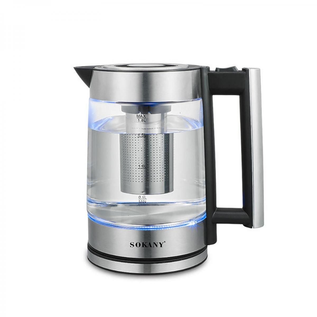 Ein SOKANY Wasserkocher aus Glas und Metall mit blauem Licht und einem integrierten Teefilter.