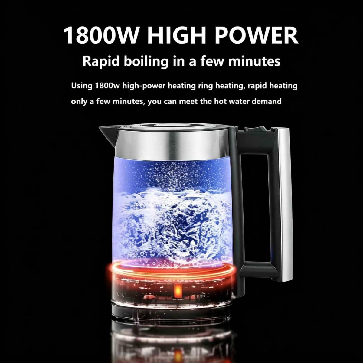 Ein Wasserkocher mit 1800 W Leistung, der Wasser schnell kocht.