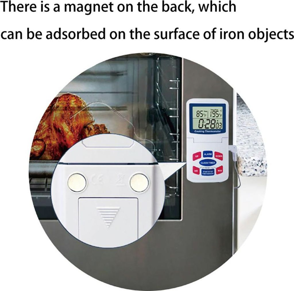 Ein Kochthermometer mit Magnetrückseite neben einem Braten im Ofen.