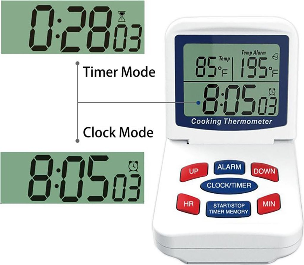 Digitaler Kochthermometer mit Timer und Uhr, zeigt 85°F und 195°F an.