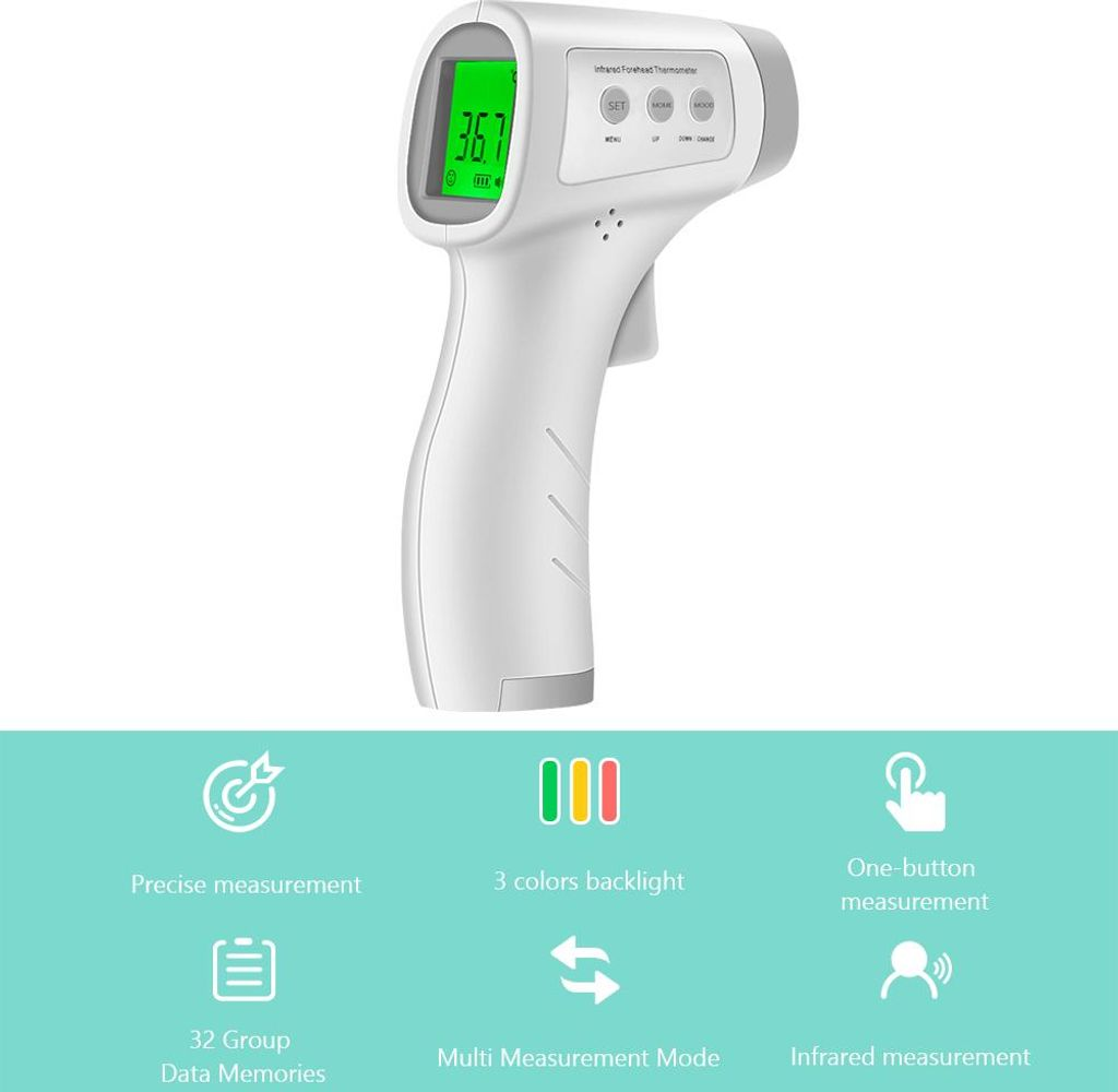 Weißes Infrarot-Stirnthermometer mit grünem Digitaldisplay, das 36,7 anzeigt.