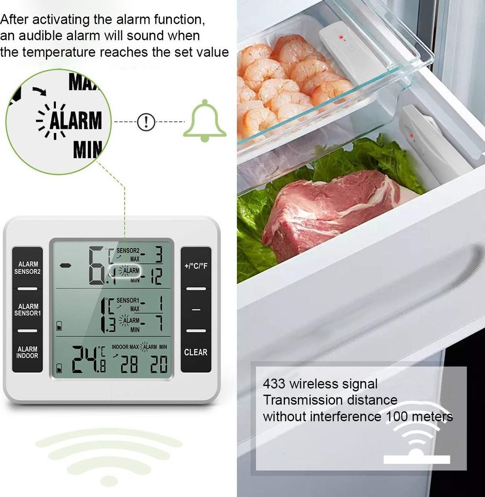 Ein Kühlschrankthermometer mit zwei Sensoren, das Fleisch und Garnelen anzeigt.