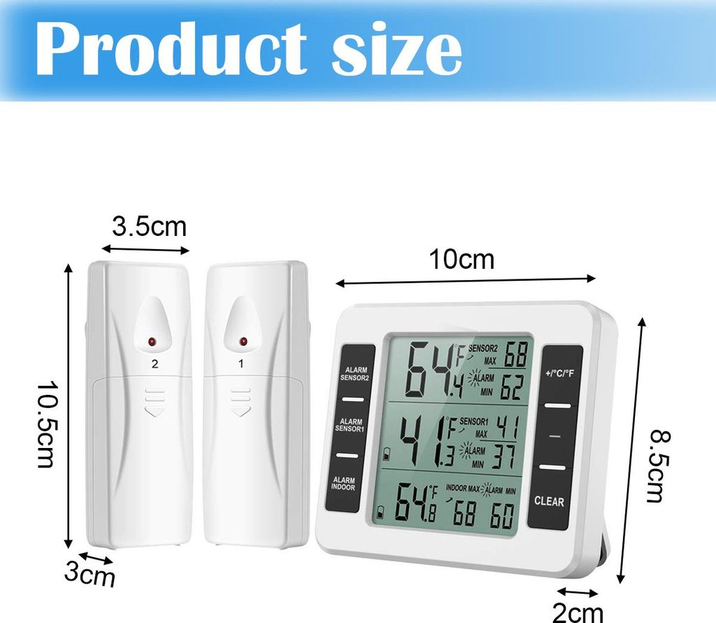 Produktgröße: Zwei weiße Sensoren und ein digitales Thermometer mit Messwerten.