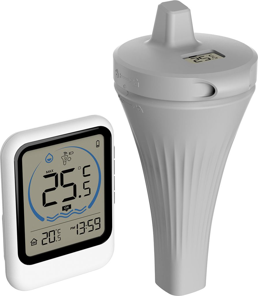 Ein digitaler Thermometer-Sender und ein Empfangsgerät nebeneinander auf weißem Hintergrund.