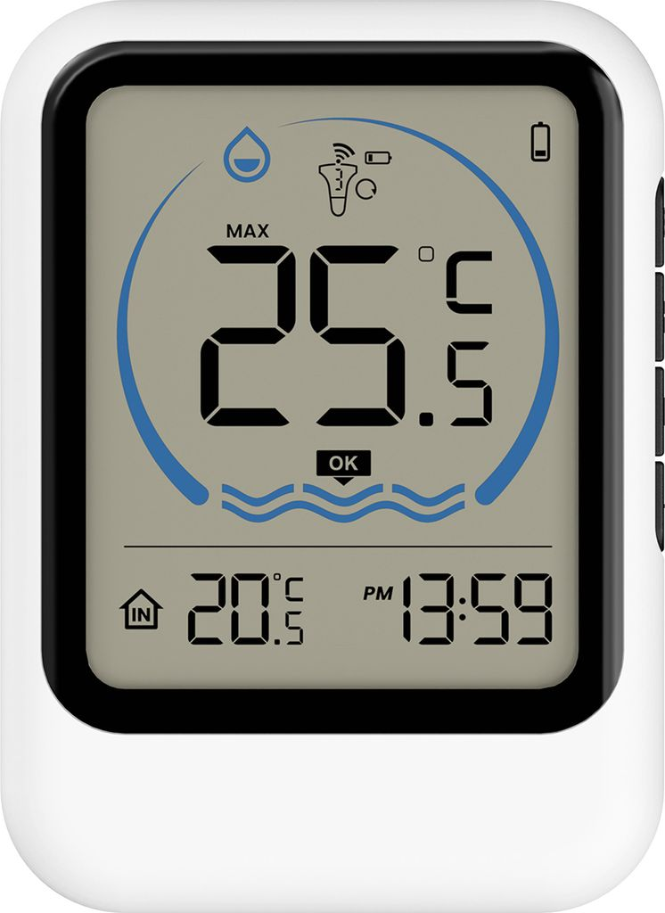 Digitales Thermometer zeigt 25,5 Grad Celsius innen und 20,5 Grad Celsius an.