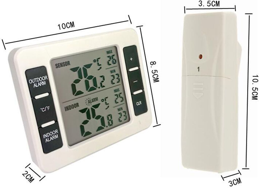 Ein digitaler Thermometer mit Außen- und Innensensoren und Maßangaben.