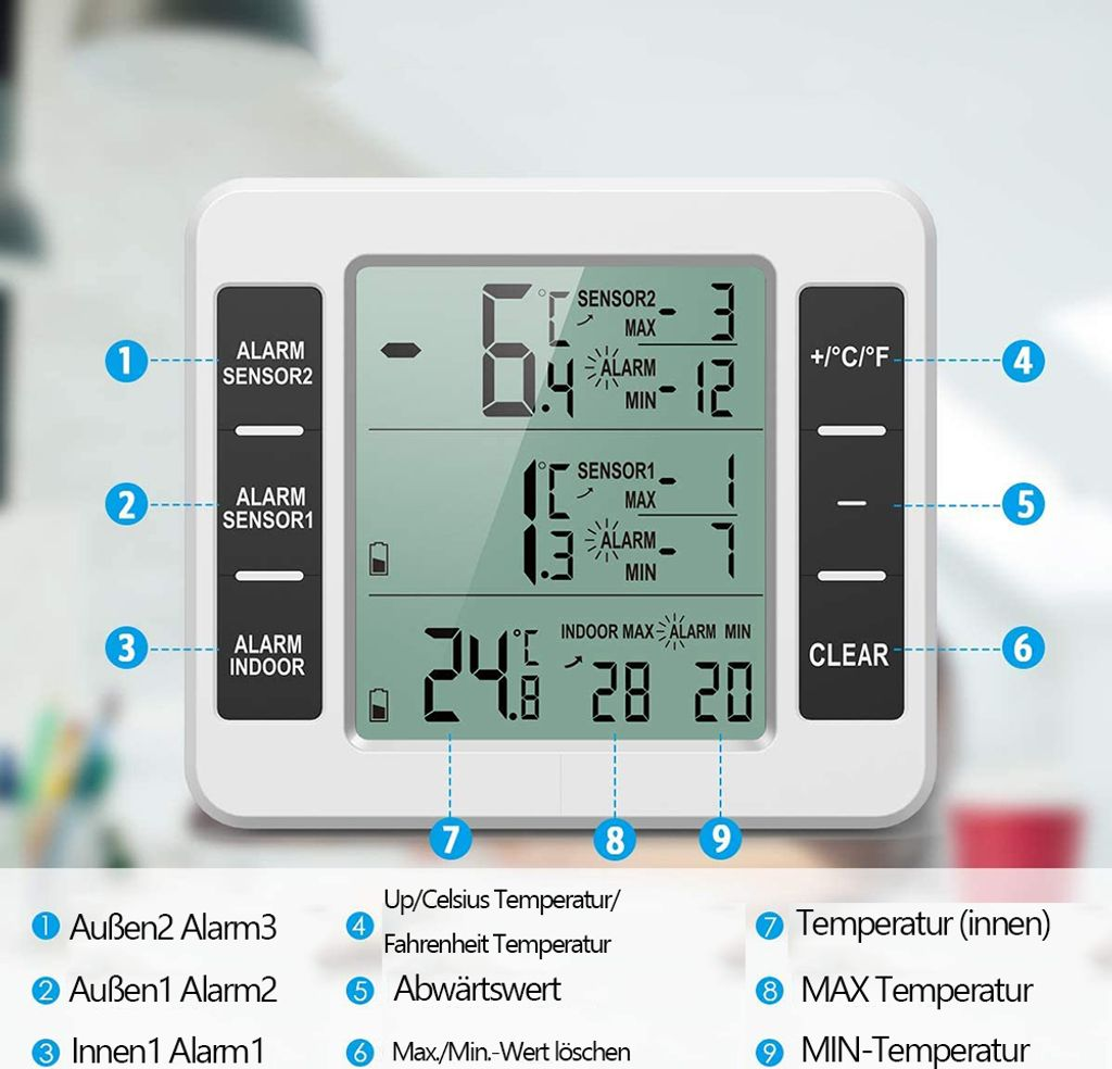 Digital thermometer display shows indoor and outdoor temps, alarms, and max/min values.