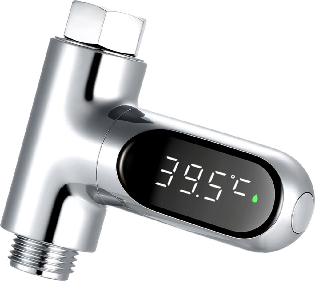 Chromarmatur mit digitaler Temperaturanzeige zeigt 39,5°C an.
