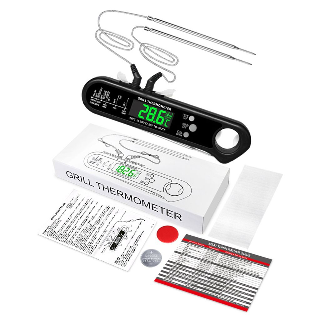 Digitaler Grillthermometer mit zwei Sonden, Box und Zubehör auf weißem Hintergrund.