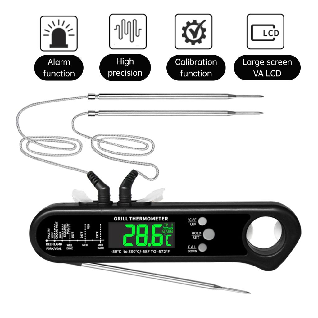 Digitaler Grillthermometer mit zwei Sonden, LCD-Display und Tasten.