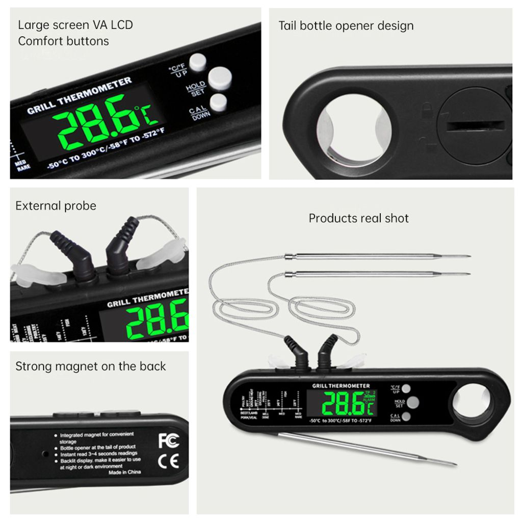 Digitales Grillthermometer mit großem LCD, externen Sonden und Magnetrückseite.