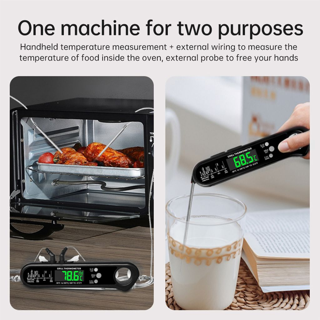 Ein Ofen mit zwei Grillthermometern: eines im Ofen, eines in einem Glas.