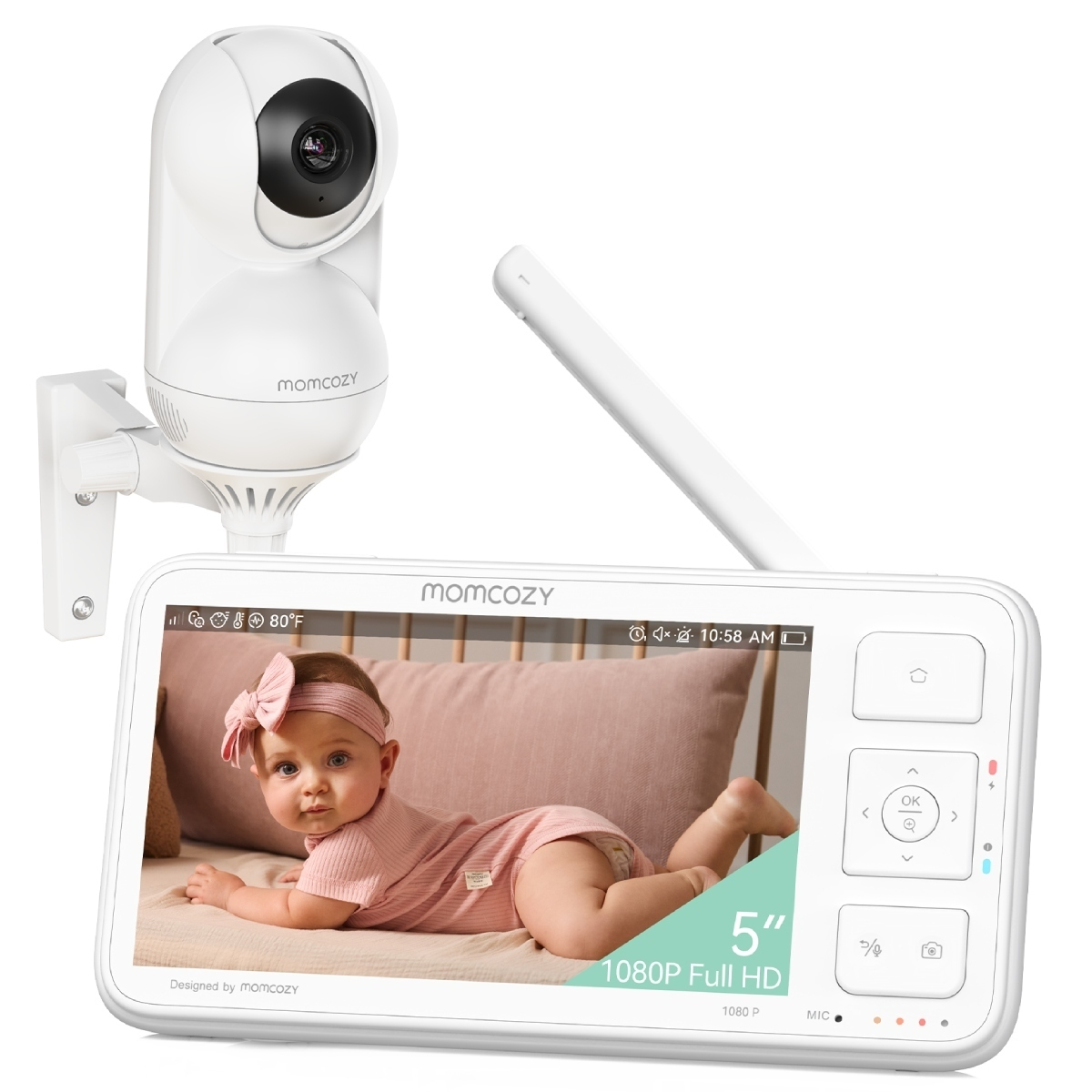 Telecamera baby monitor Momcozy bianca e schermo da 5 pollici con un bambino.