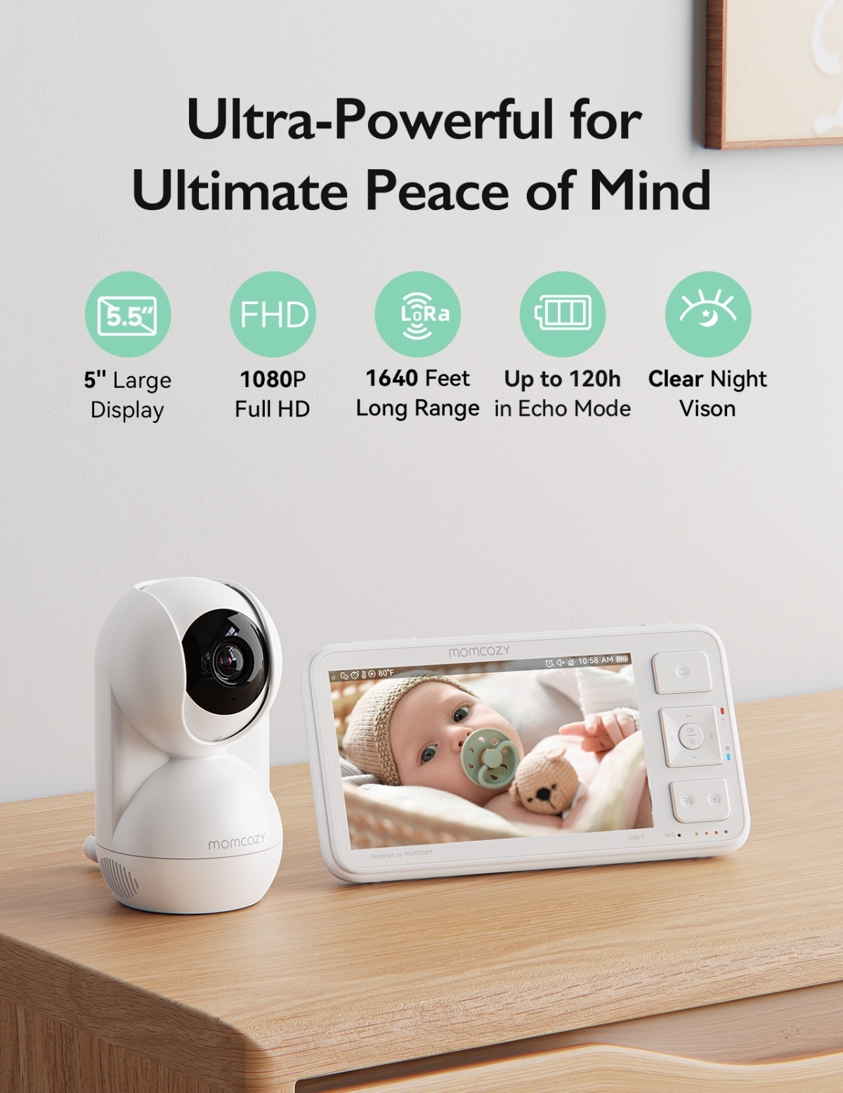 Un baby monitor bianco con telecamera e schermo che mostra un bambino.