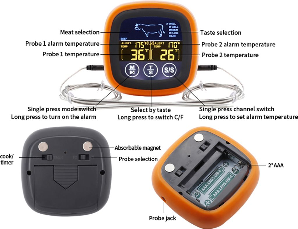 Fleischthermometer mit zwei Sonden, ein beleuchtetes Display und Batteriefach.