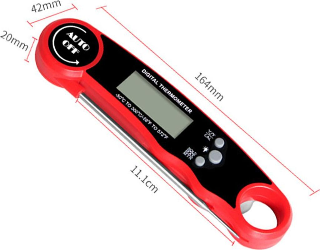 Rotes Digitalthermometer mit Silberfühler. Auto Off. Temperaturbereich -50C bis 300C.