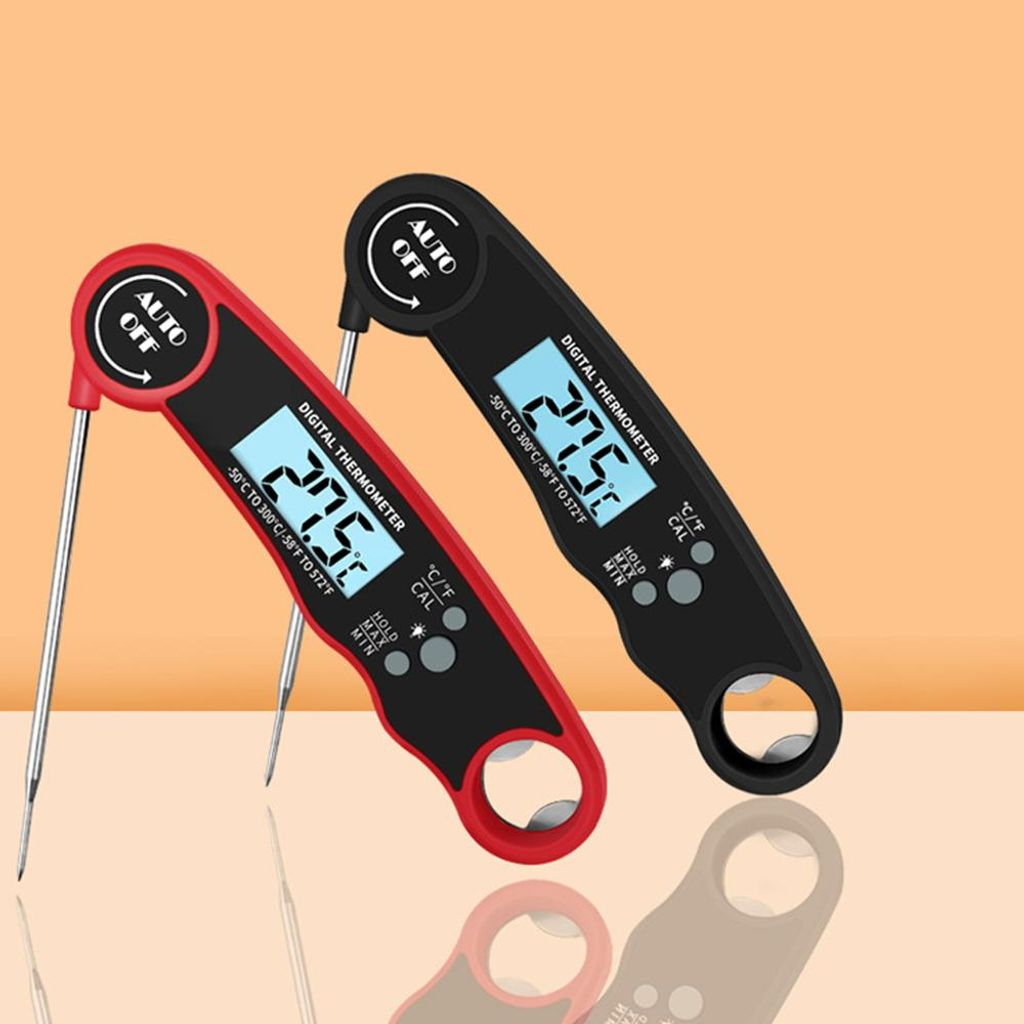 Zwei digitale Fleischthermometer, eins rot, eins schwarz, mit silbernen Sonden.